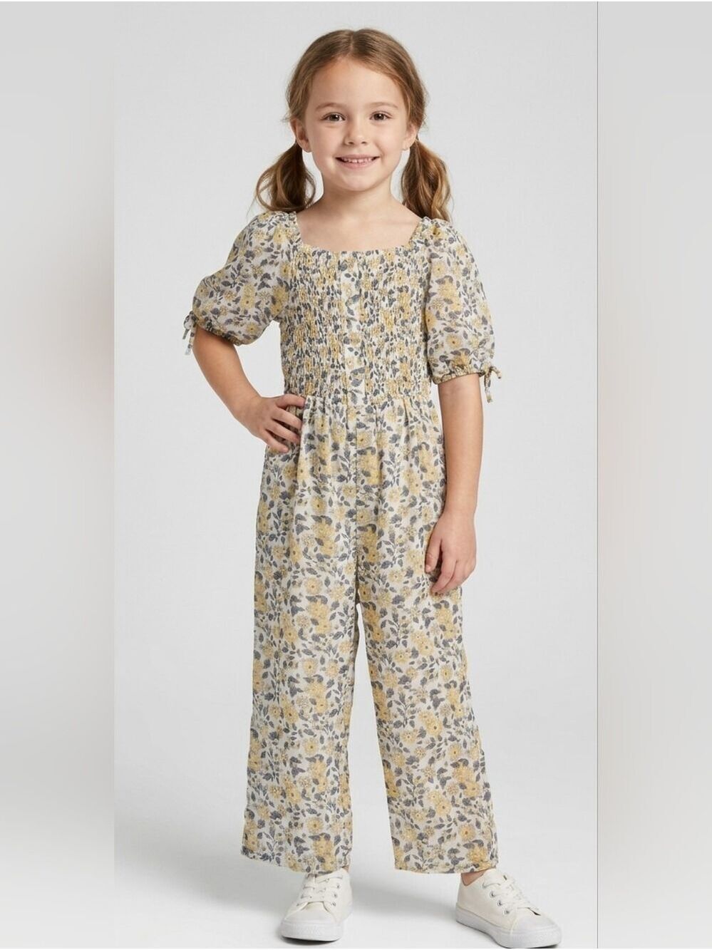 Jessica Simpson Yellow Gray Floral Jumpsuit Kids Wide Leg